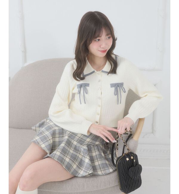  「◎バイカラーリボンケーブルニットカーデ」|カーディガン|
