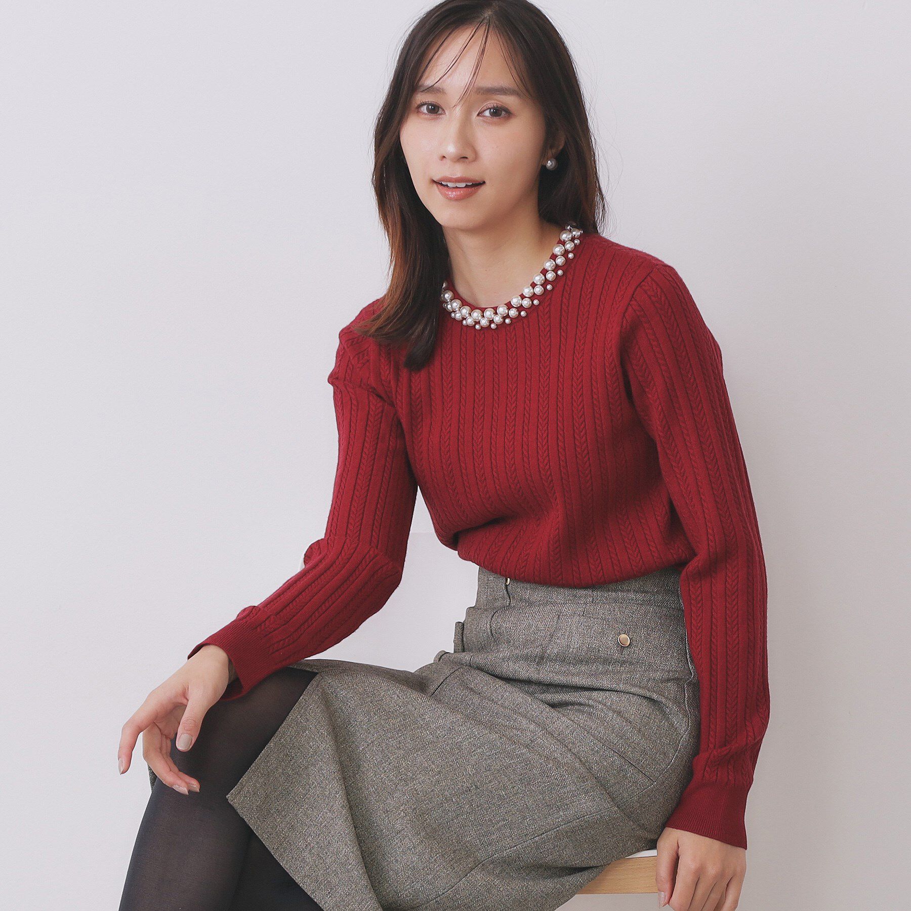 index「パール調ネックケーブルニット【洗濯機OK】」|ニット・セーター|レッド(062)