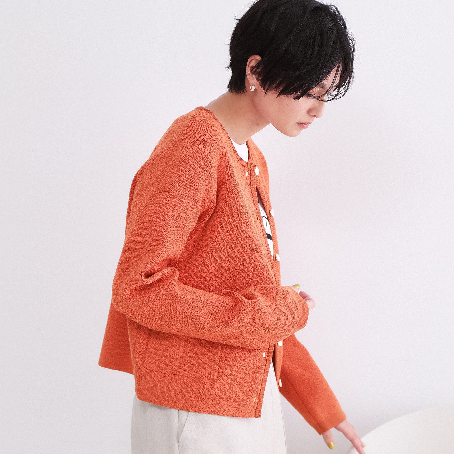 OPAQUE.CLIP「ブークレ金ボタンニットカーディガン【洗濯機OK】」|カーディガン|