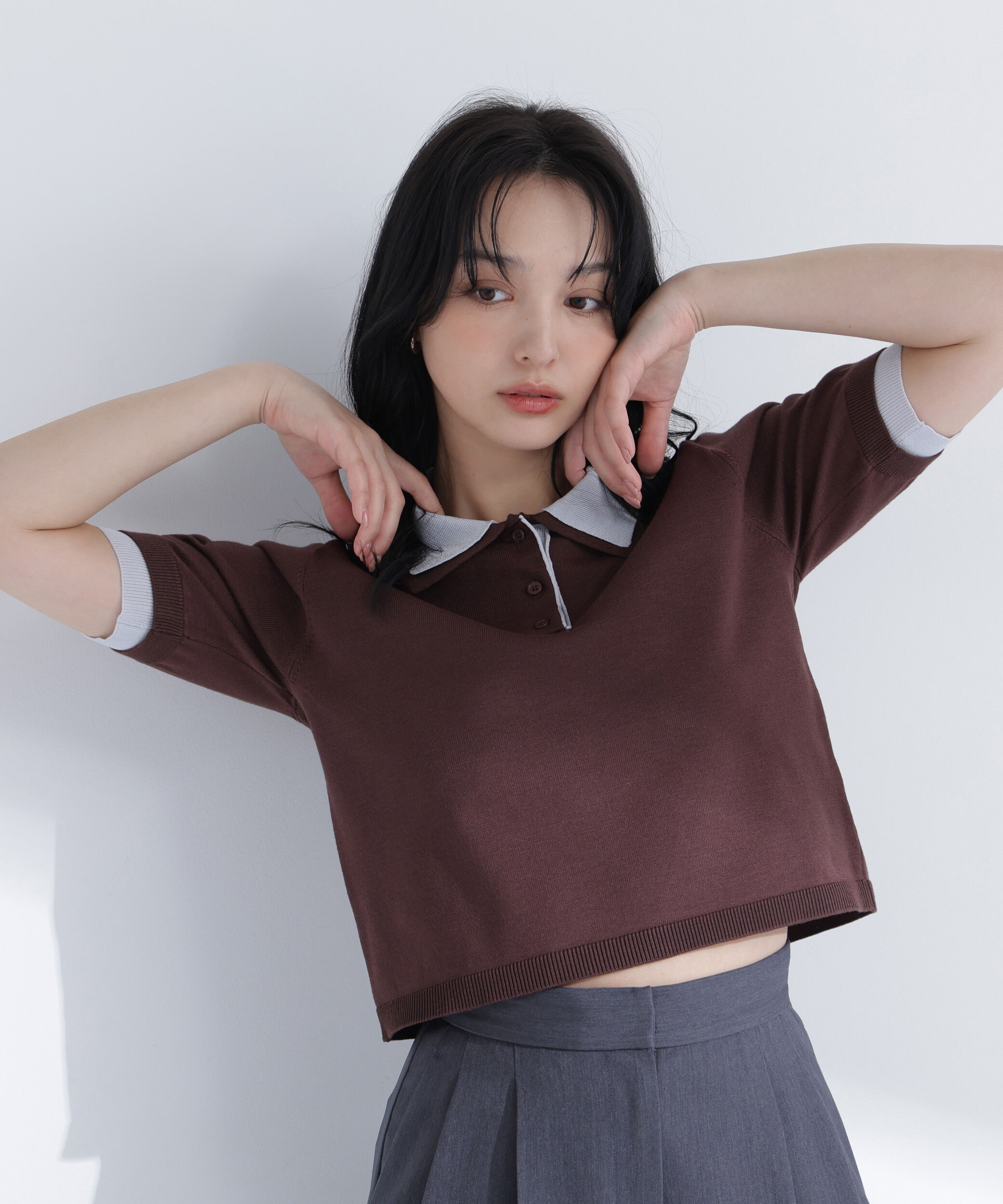  「ダブルカラーポロニット」|ニット・セーター|ブラウン&times;ブ  2