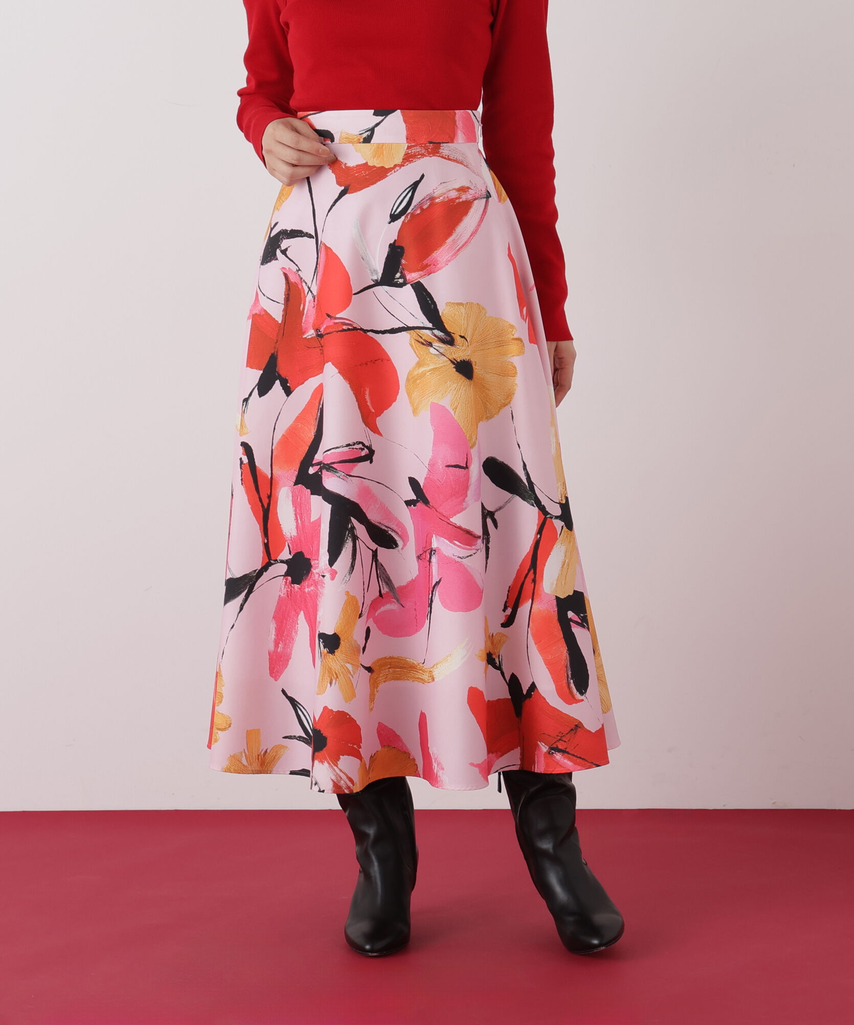  「◆フラワープリントタフタフレアースカート」|スカート|ピンク系1