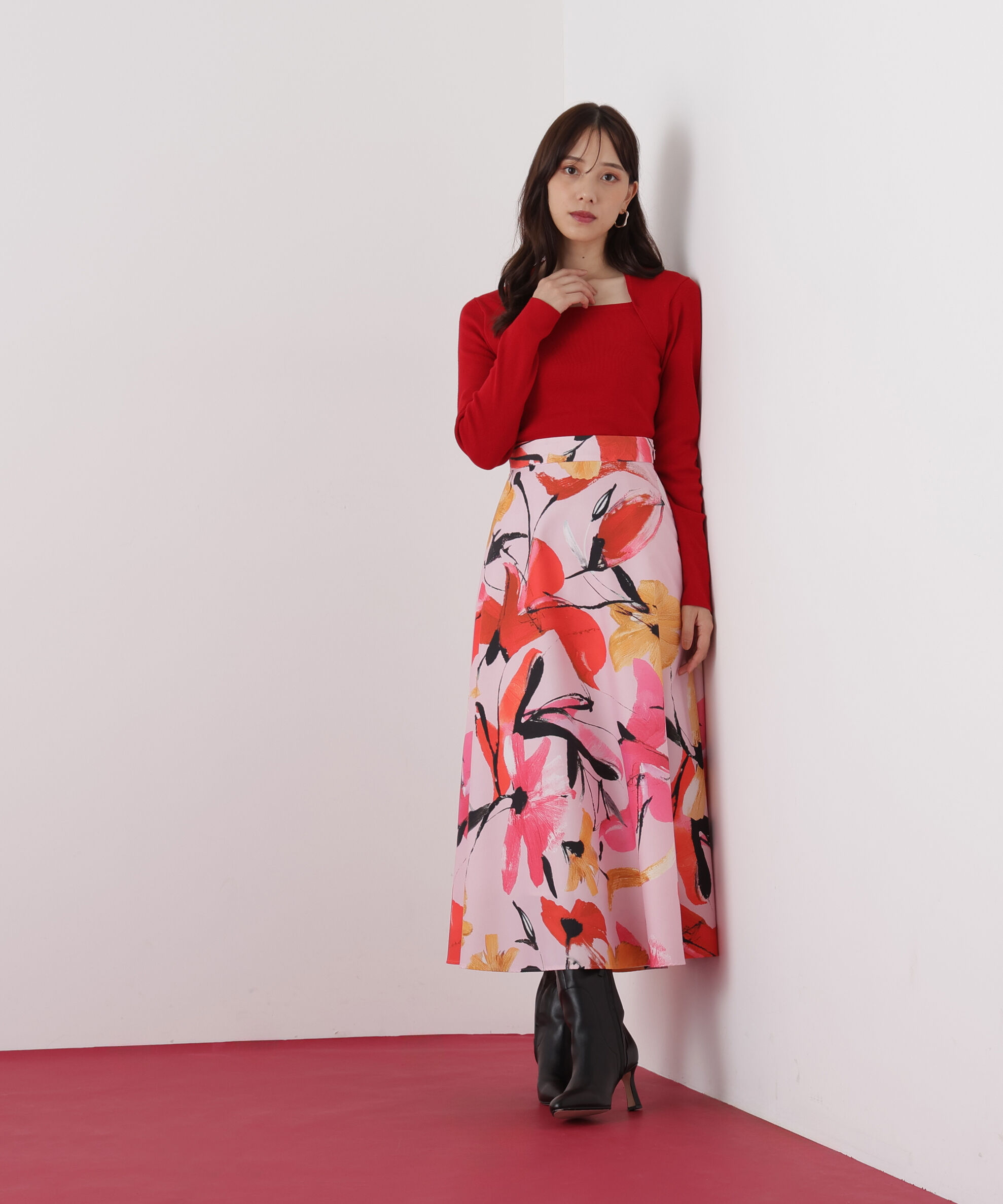  「◆フラワープリントタフタフレアースカート」|スカート|