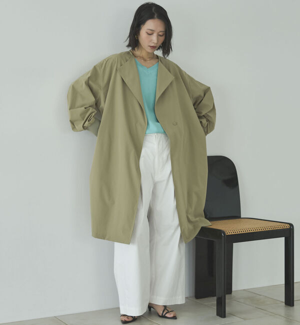 Doux archives「ノーカラーロングコート」|ダッフルコート|KHAKI