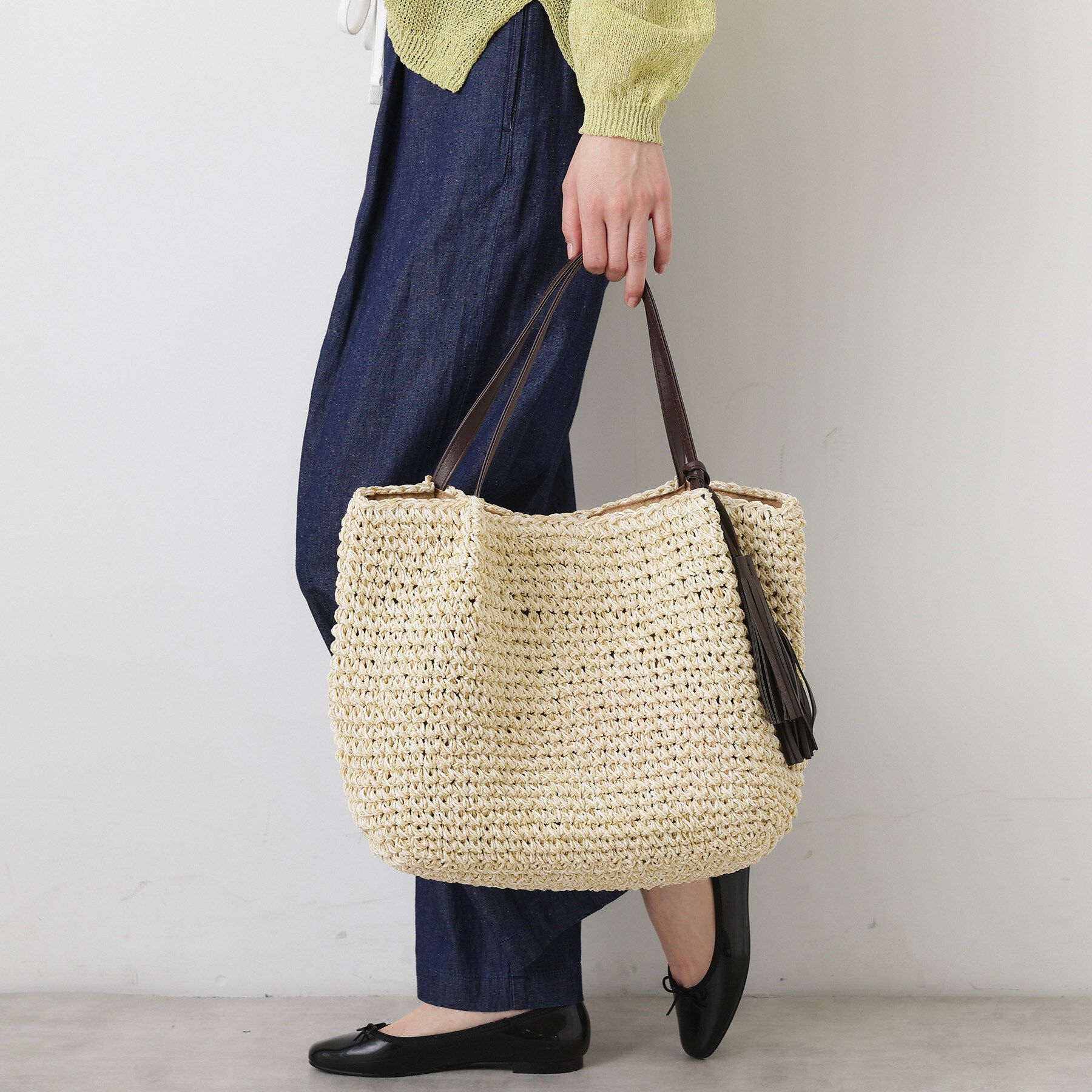 Dessin「ペーパーメッシュ タッセル付き配色トート」|トートバッグ|ライトベージュ(55