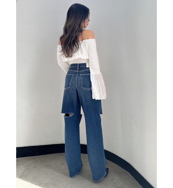 GYDA「ハイウエストfront and backダメージワイドデニムパンツ」|デニム|