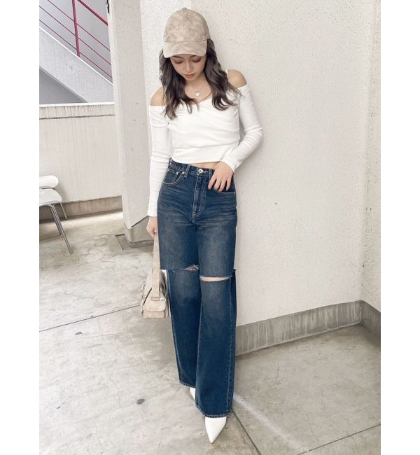 GYDA「ハイウエストfront and backダメージワイドデニムパンツ」|デニム|