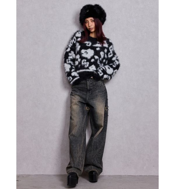 GYDA「GG Leopardシャギーショートニットトップス」|ニット・セーター|