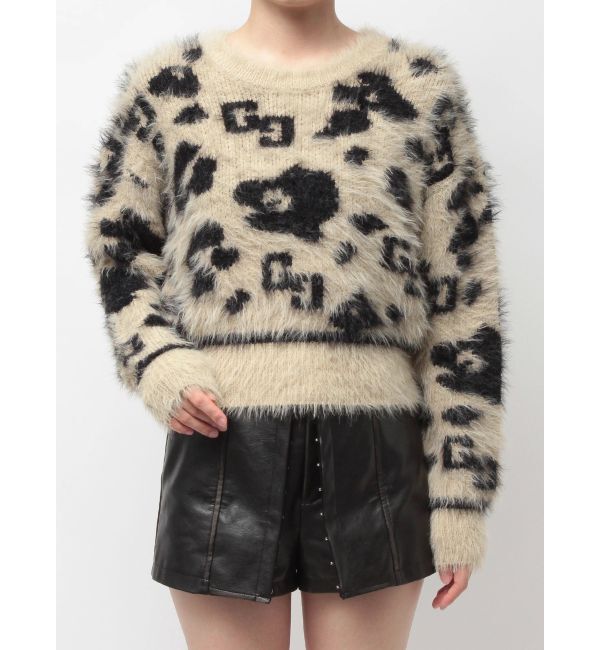 GYDA「GG Leopardシャギーショートニットトップス」|ニット・セーター|ベージュ