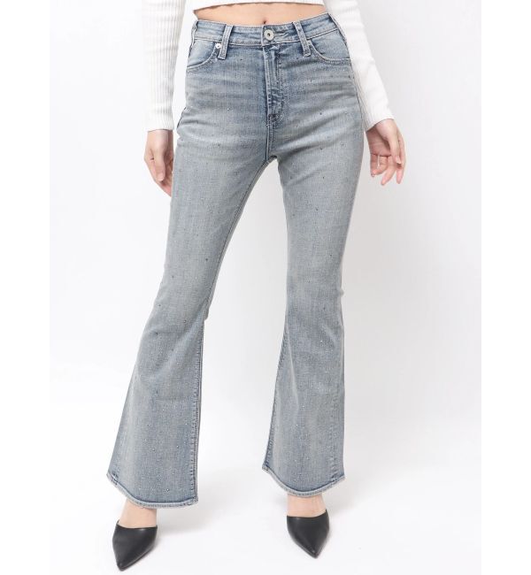 GYDA「ハイウエストbijouフレアデニムパンツ」|デニム|アイスブルー