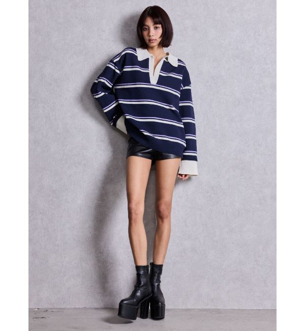 GYDA「スキッパーPOLOボーダーニットトップス」|ニット・セーター|