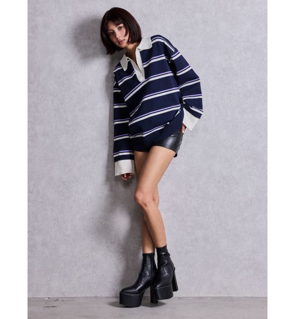 GYDA「スキッパーPOLOボーダーニットトップス」|ニット・セーター|