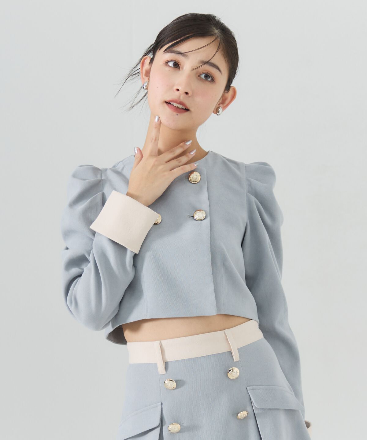 REDYAZEL「ダブルボタンバイカラージャケット」|ノーカラージャケット|