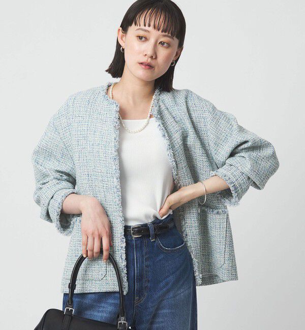 UNITED ARROWS green label relaxing「［size SHORTあり］ミックス ツイードライク ポケット ノーカラー ジャケット」|ノーカラージャケット|COBALT