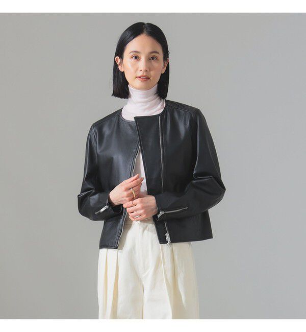 Demi-Luxe BEAMS 「マット シープスキン ノーカラー ライダース ブルゾン」|ブルゾン・スタジャン|BLACK