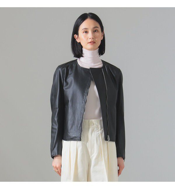 Demi-Luxe BEAMS 「マット シープスキン ノーカラー ライダース ブルゾン」|ブルゾン・スタジャン|