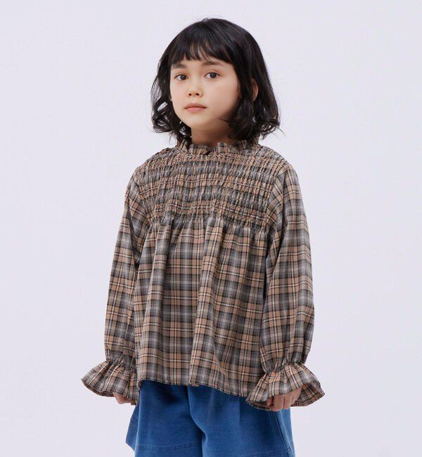 SHIPS Colors 「SHIPS Colors:〈洗濯機可能〉チェック ギャザー ブラウス(100~140cm)」|シャツ・ブラウス|ベージュ