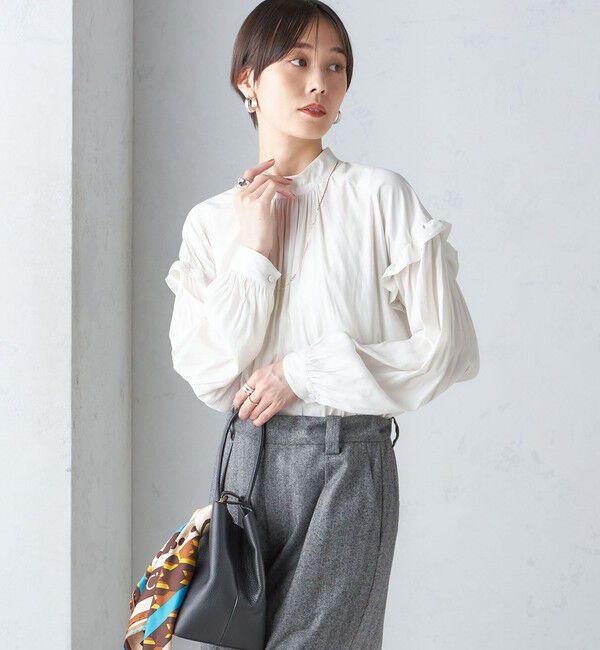 SHIPS for women「〈手洗い可能〉パウダリー 割繊 スタンドカラー ブラウス」|シャツ・ブラウス|