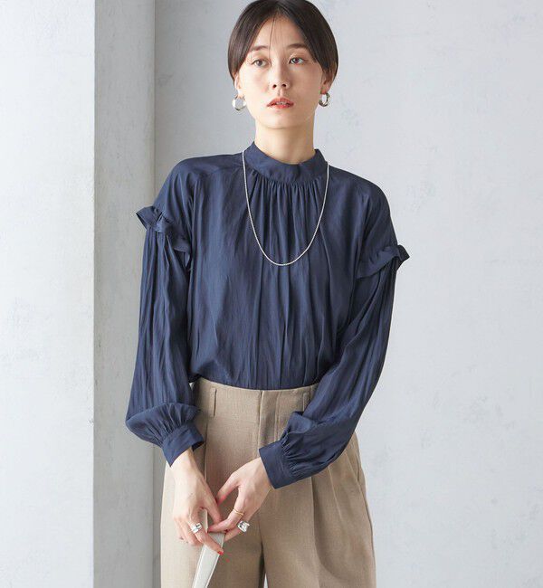 SHIPS for women「〈手洗い可能〉パウダリー 割繊 スタンドカラー ブラウス」|シャツ・ブラウス|