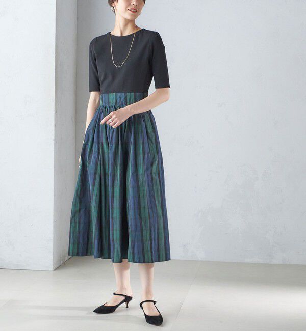 SHIPS for women「〈手洗い可能〉タフタ コンビ ニット パフスリーブ ワンピース」|ワンピース|ブラック