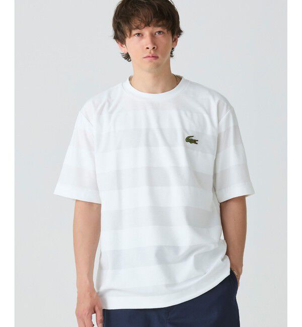 LACOSTE「オーバーサイズ パイル地切り替え同色ボーダーTシャツ」|Tシャツ・カットソー|ホワイト