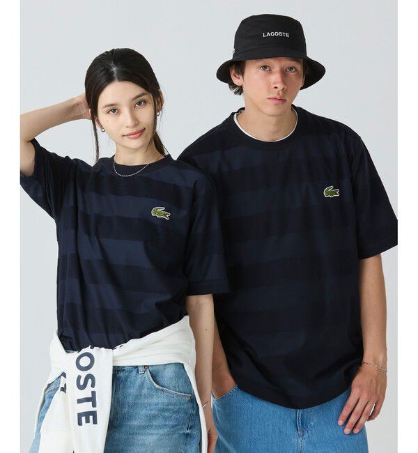 LACOSTE「オーバーサイズ パイル地切り替え同色ボーダーTシャツ」|Tシャツ・カットソー|ネイビー