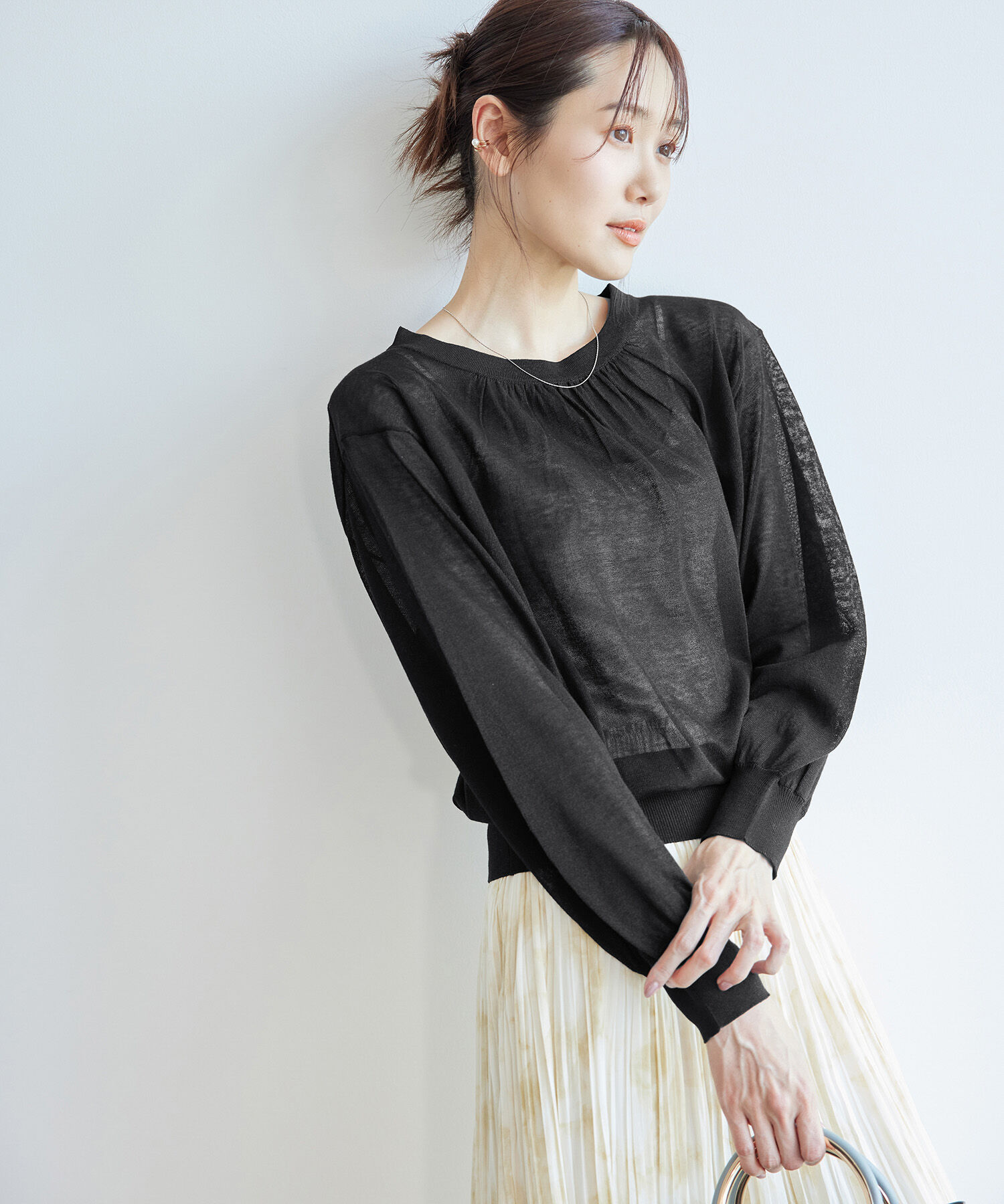 Rope&rsquo;Picnic「襟ギャザーシアーニットプルオーバー」|ニット・セーター|ブラック(01)