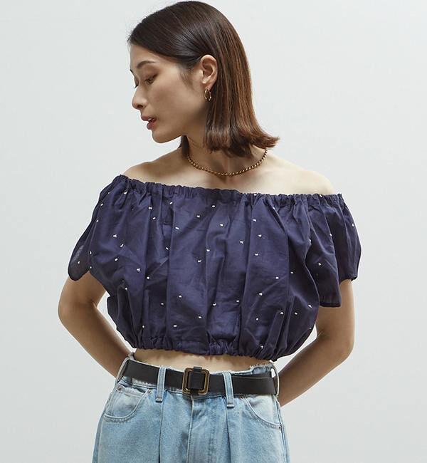 Soffitto「インド綿ドット刺繍ギャザーボレロブラウス」|カーディガン|ネイビー