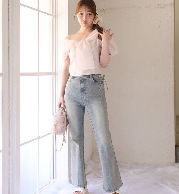  「【選べる4サイズ】サイドカットレース美脚ビジューデニム」|その他|