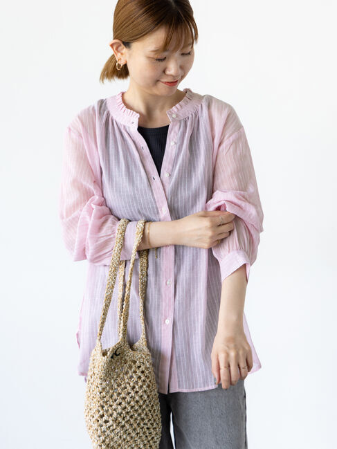 Lugnoncure「先染めストライプフリル衿シャツ」|シャツ・ブラウス|レッド