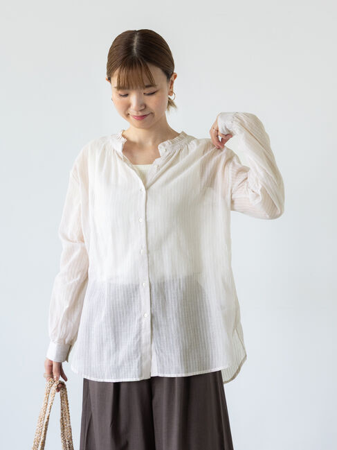 Lugnoncure「先染めストライプフリル衿シャツ」|シャツ・ブラウス|ベージュ