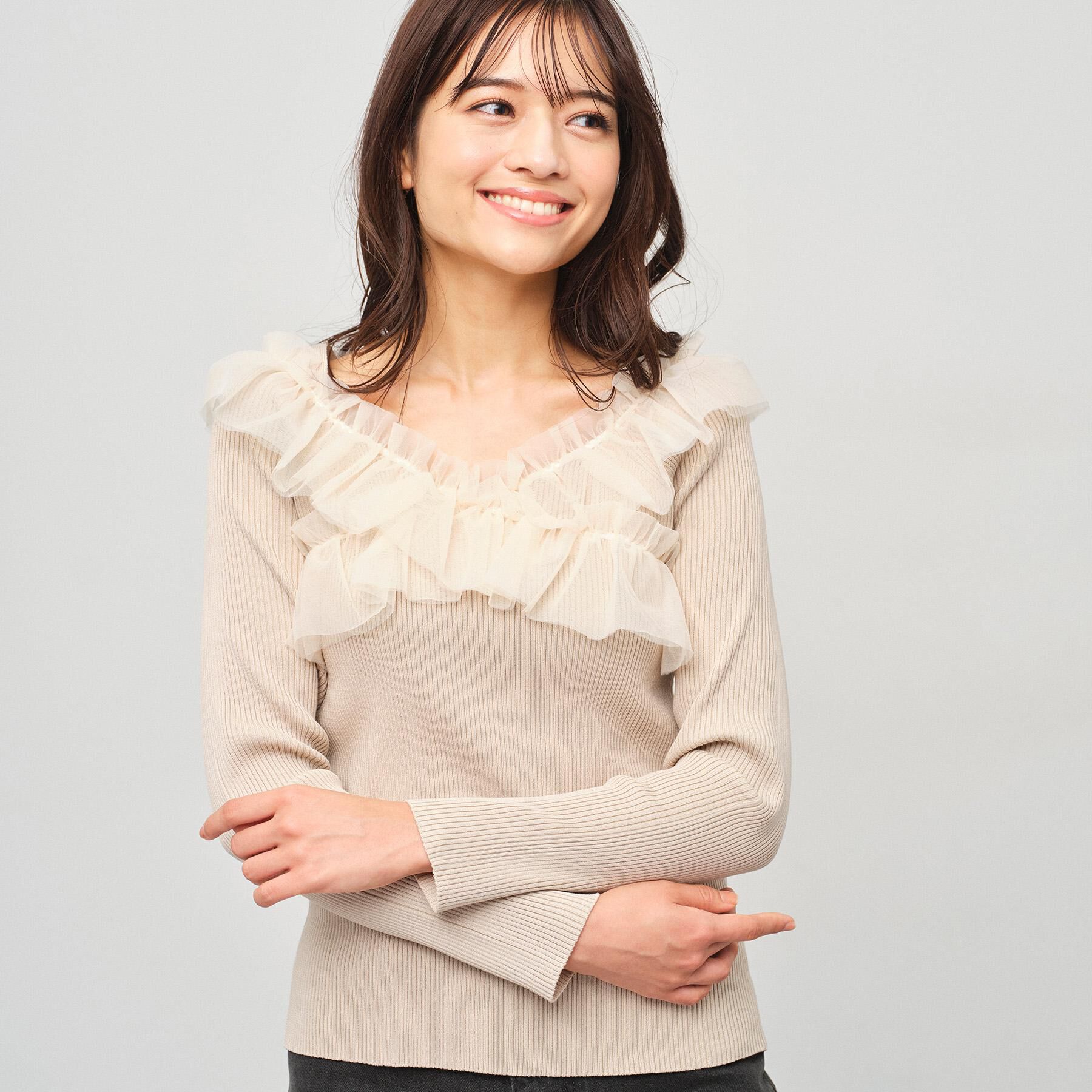 index「クロスチュールフリルリブニット【洗濯機OK/抗ピル】」|ニット・セーター|