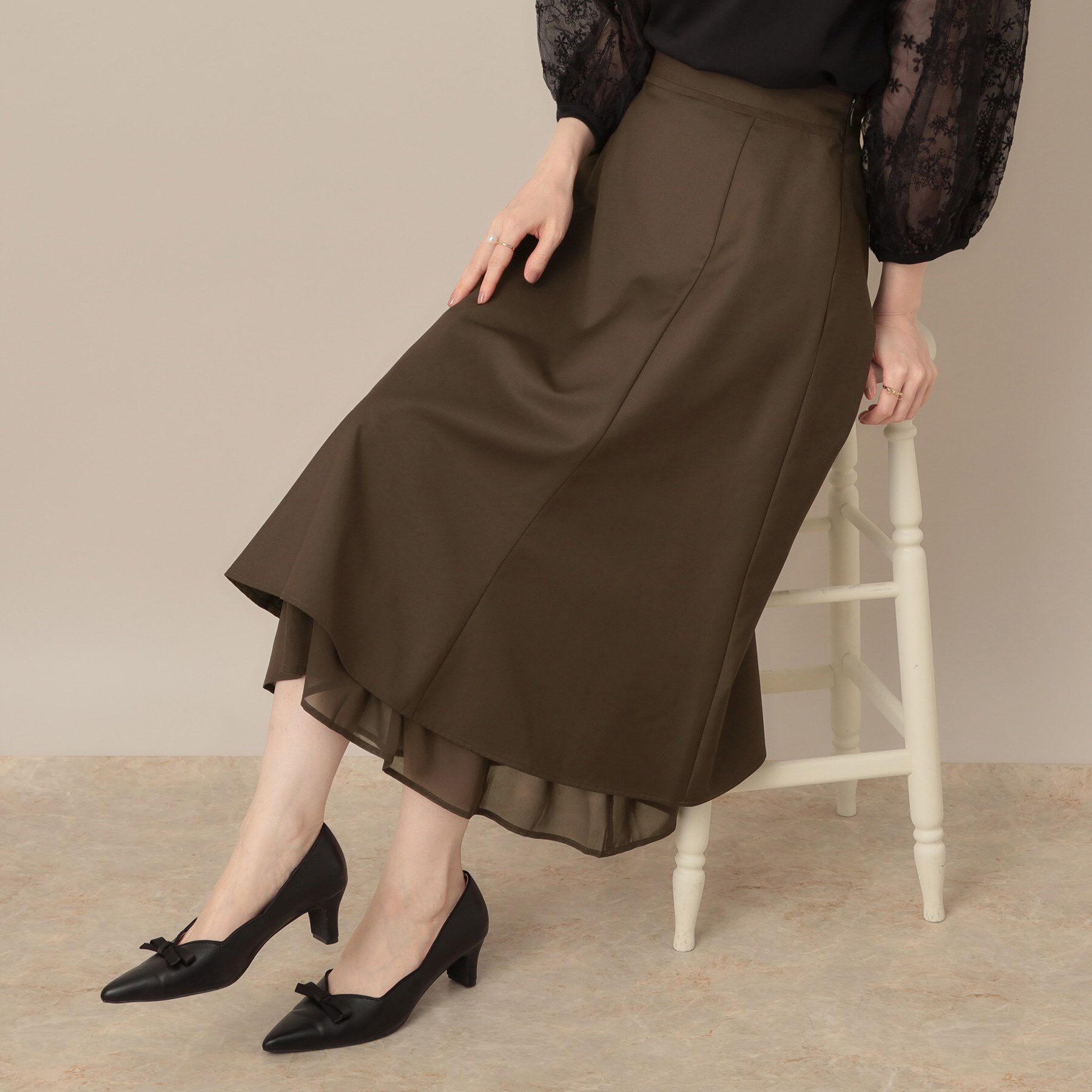 Couture broach「【マシンウォッシャブル・美シルエット】裾シアーフレアスカート」|スカート|ブラウン(044)