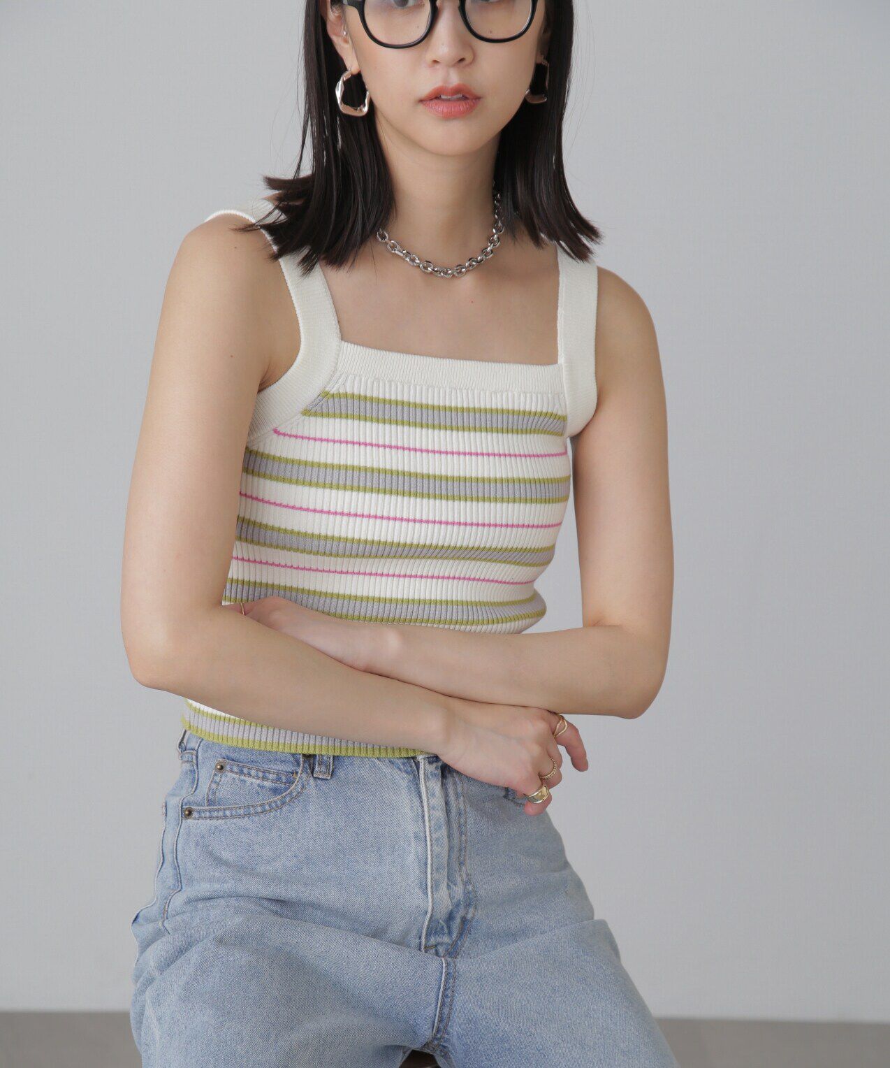  「ショート丈リブニット&times;タンクトップセット」|ニット・セーター|