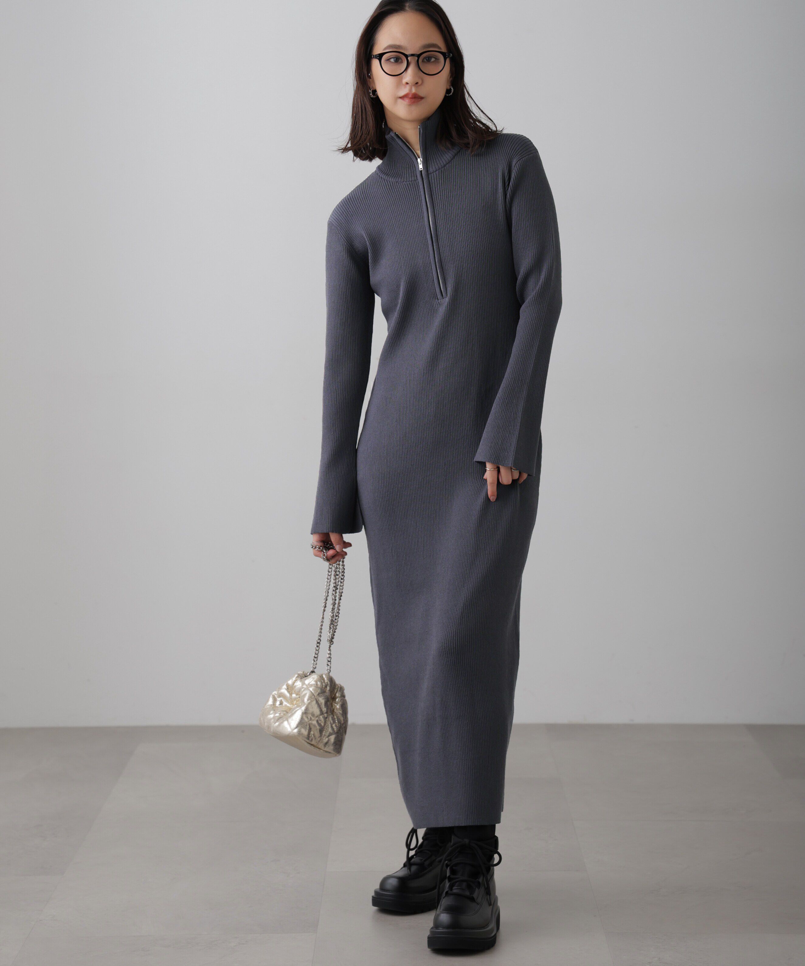  「ハーフジップロングニットワンピース」|ワンピース|