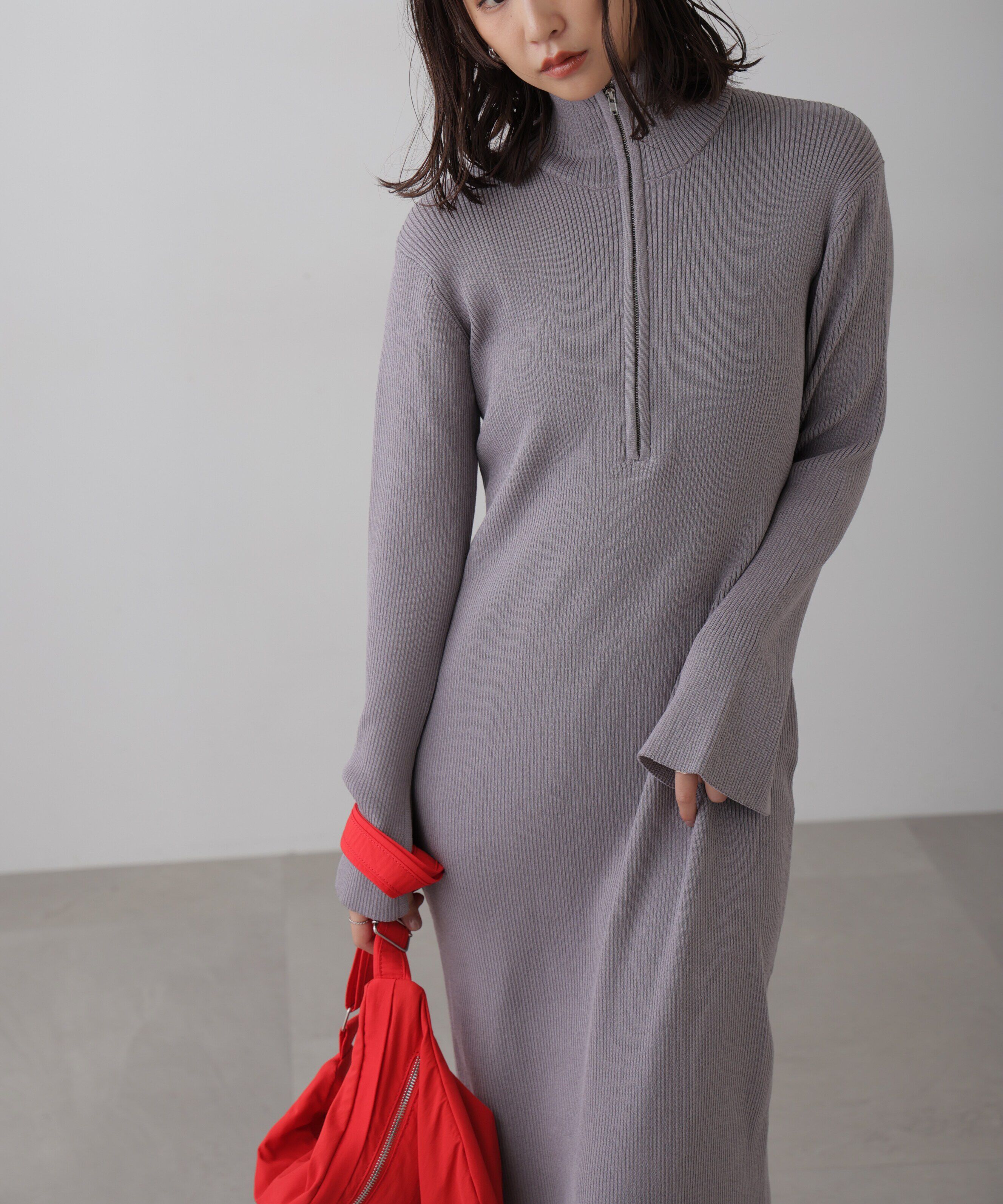  「ハーフジップロングニットワンピース」|ワンピース|