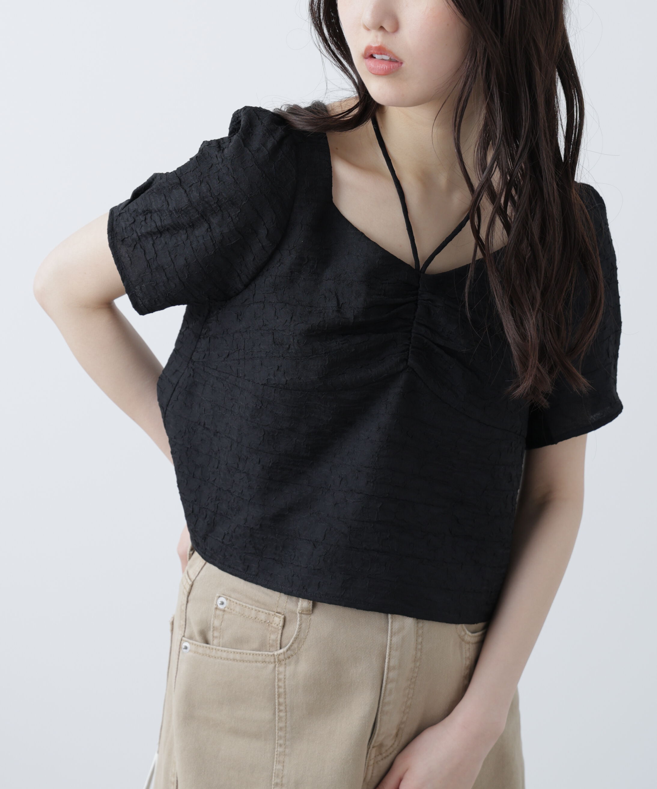  「フロントギャザーネックリボン付き半袖ブラウス」|シャツ・ブラウス|