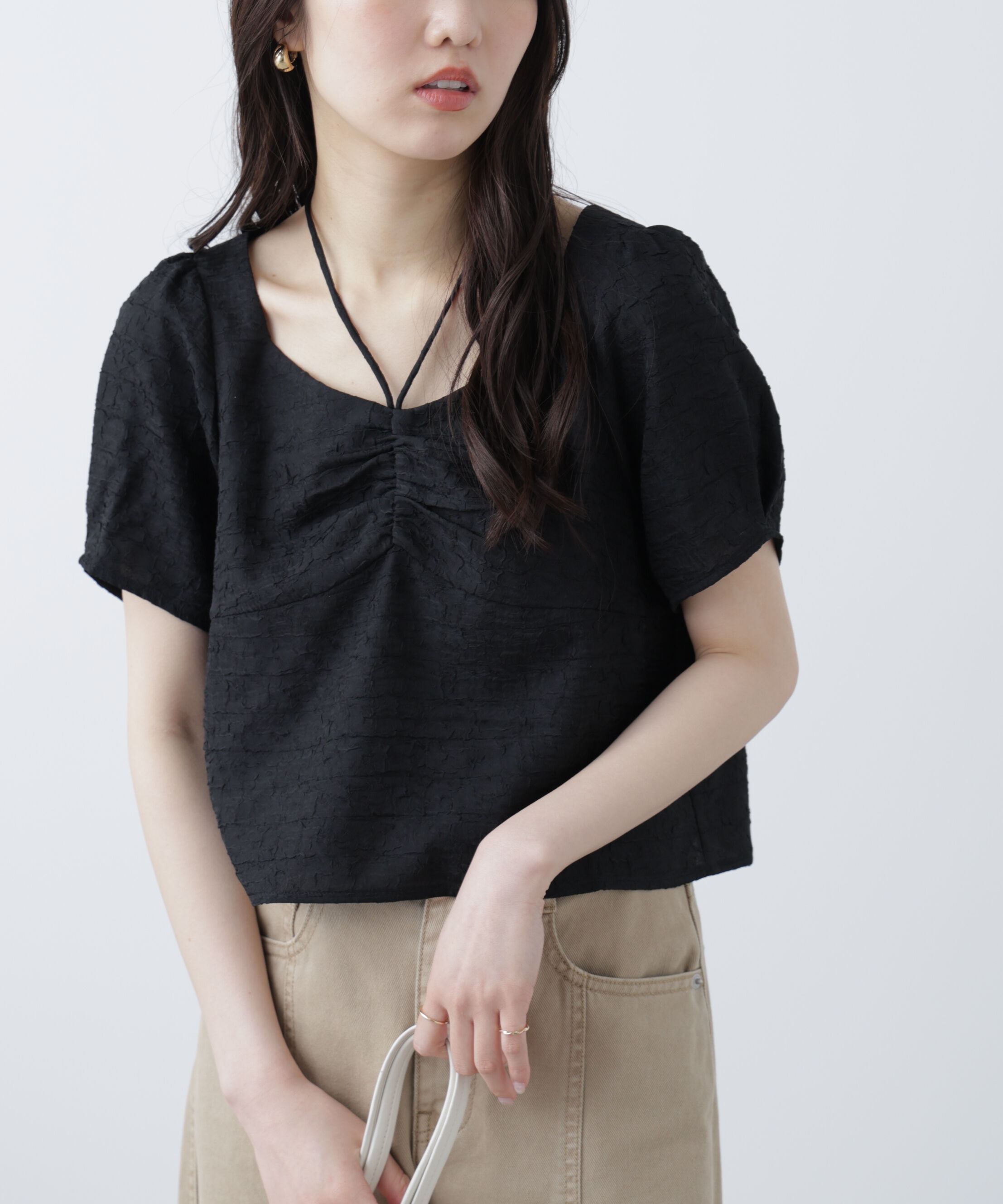  「フロントギャザーネックリボン付き半袖ブラウス」|シャツ・ブラウス|