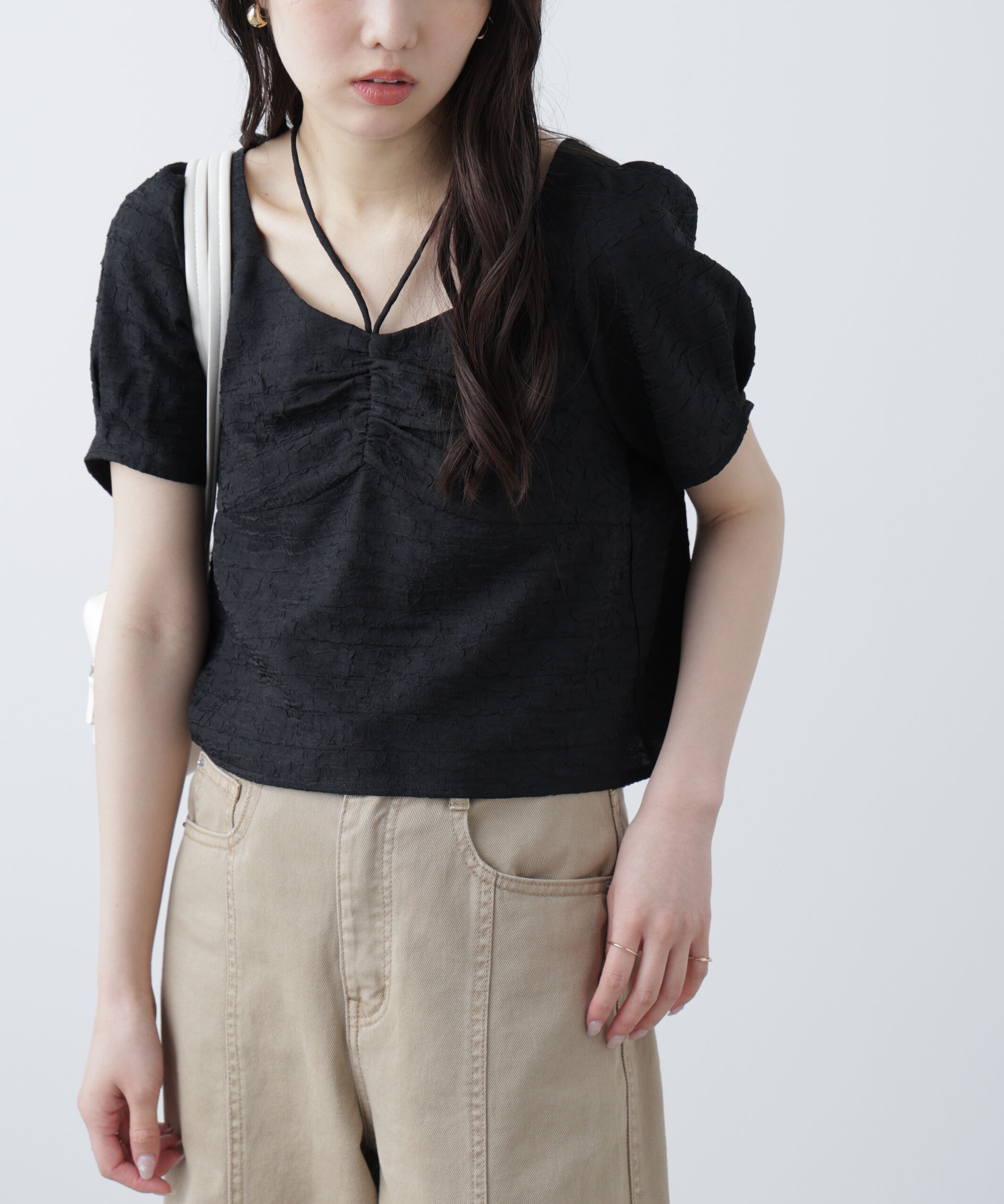  「フロントギャザーネックリボン付き半袖ブラウス」|シャツ・ブラウス|