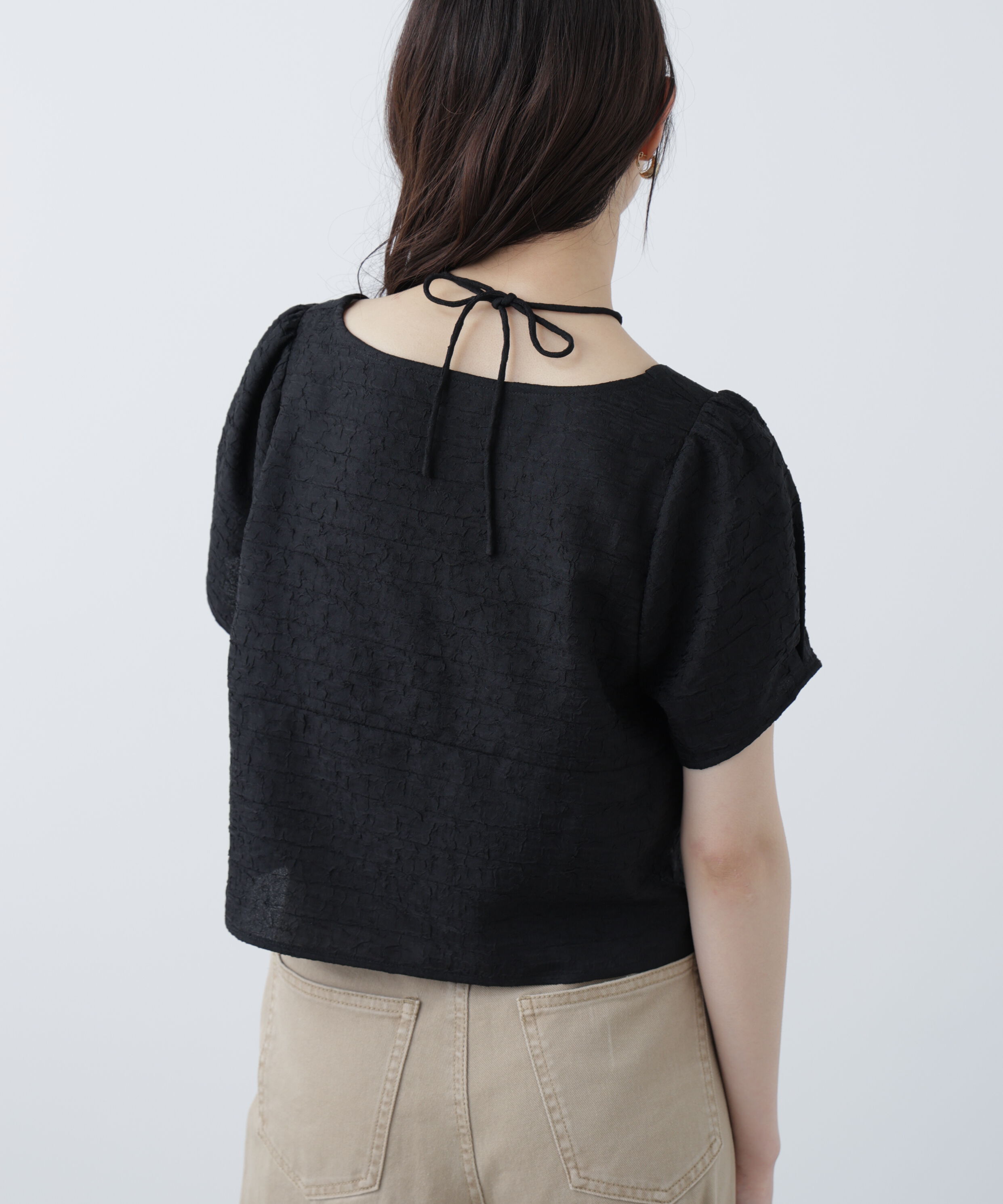  「フロントギャザーネックリボン付き半袖ブラウス」|シャツ・ブラウス|