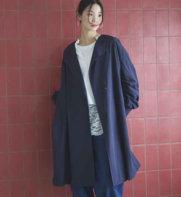Doux archives「ノーカラーロングコート」|ダッフルコート|NAVY