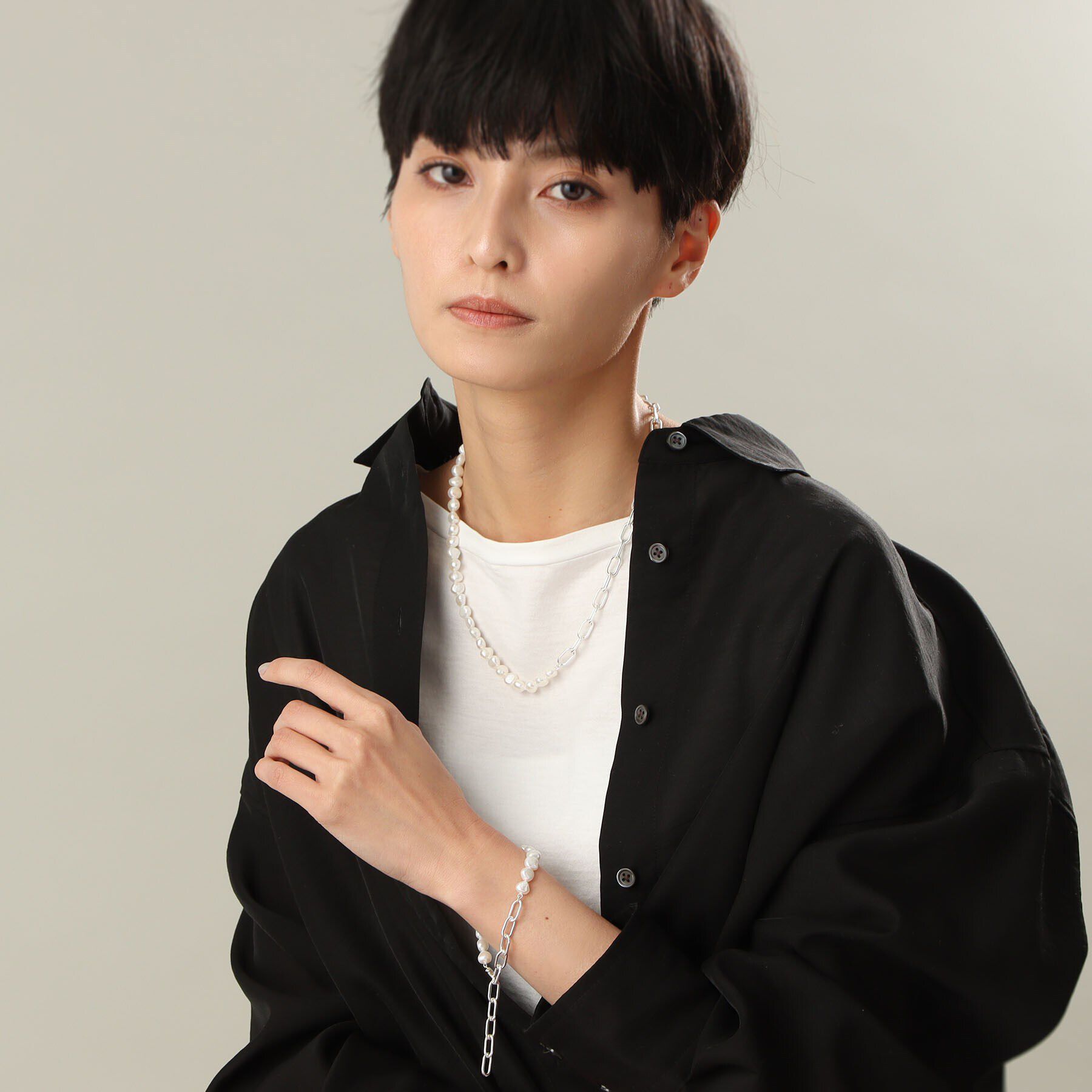 COCOSHNIK ONKITSCH「シルバー バロックパール チェーンミックス ブレスレットＬ」|ブレスレット・バングル|