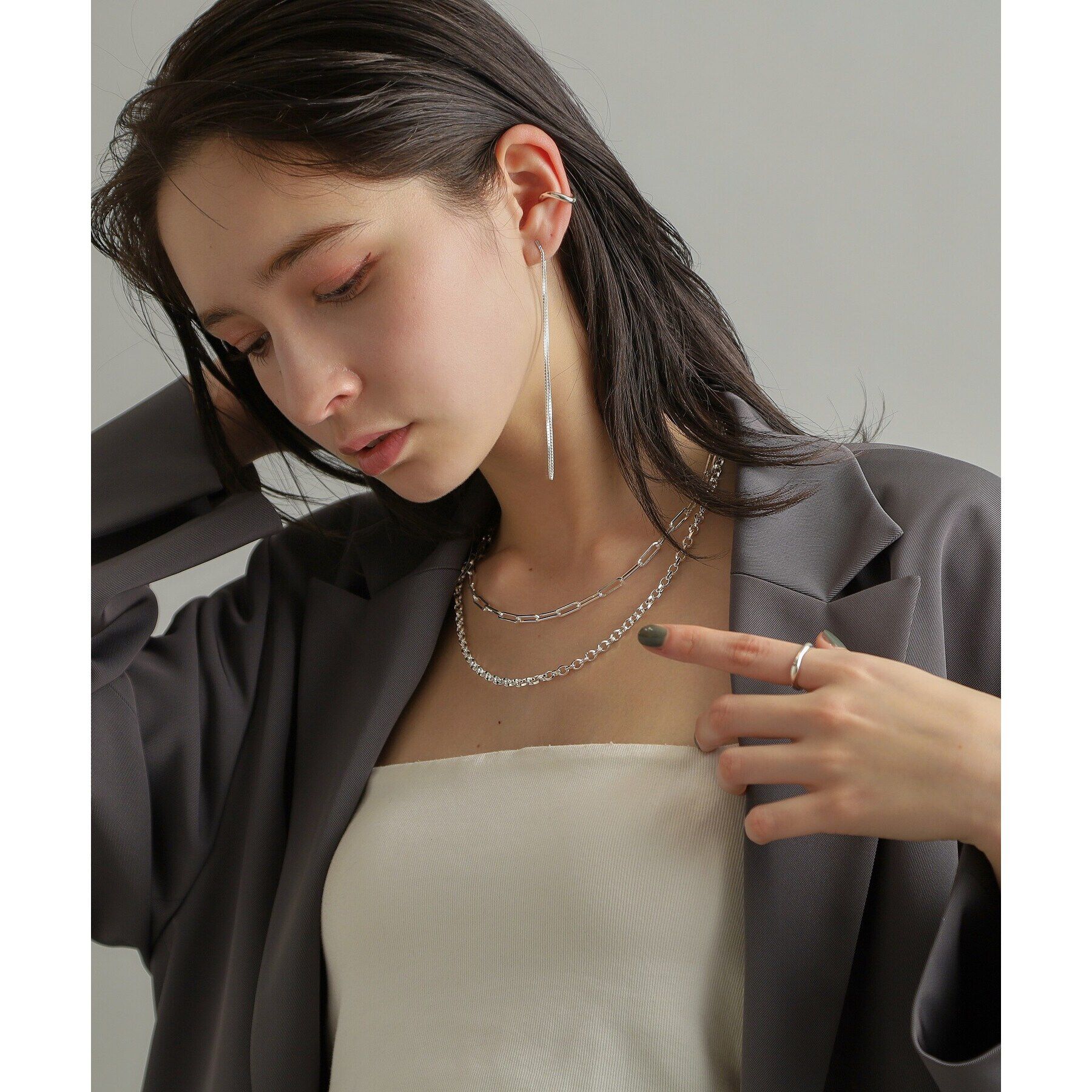 COCOSHNIK ONKITSCH「シルバー チェーンピアスベネチアン ロングフープ（片耳用）」|ピアス|