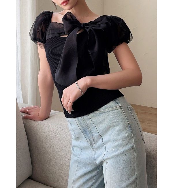 RESEXXY「シアーリボンドッキングニットトップス」|ニット・セーター|ブラック