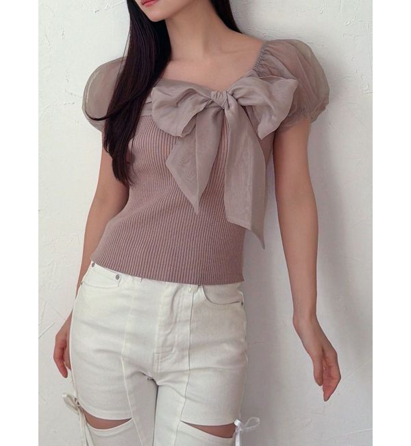 RESEXXY「シアーリボンドッキングニットトップス」|ニット・セーター|ベージュ