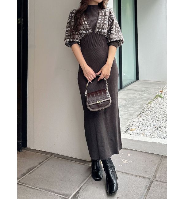 MERCURYDUO「チェックジャカードドッキングニットワンピース」|ワンピース|チャコールグレー