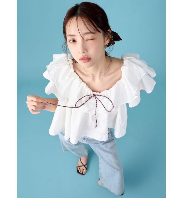 LAGUNAMOON「【FILA別注】フリルオフショルブラウス」|シャツ・ブラウス|