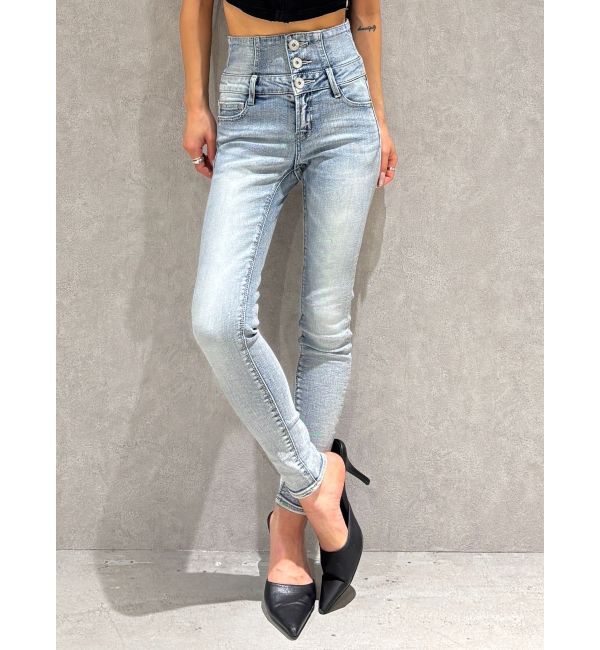 GYDA「【TINY】ハイウエストウエストクロススキニーデニムパンツ」|デニム|アイスブルー