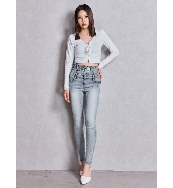 GYDA「ハイウエスト GD bijou MOLDフロントZIPスキニーデニムパンツ」|デニム|