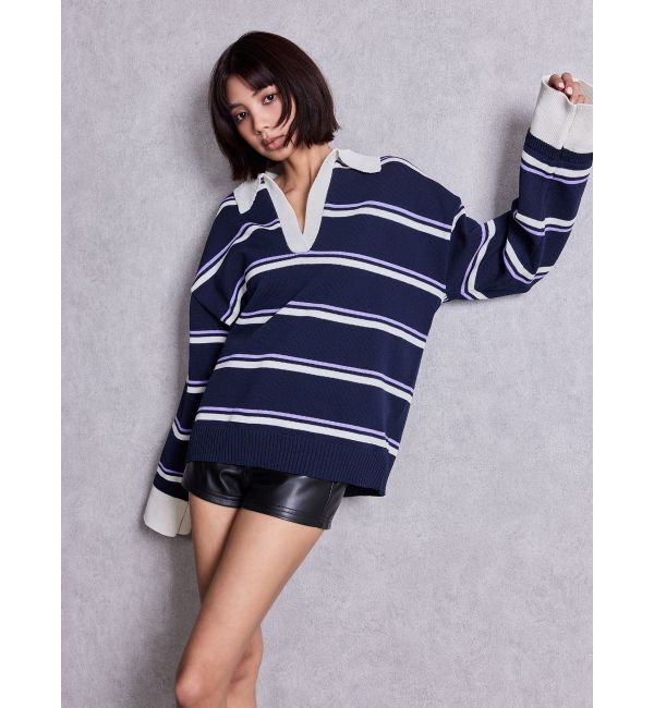 GYDA「スキッパーPOLOボーダーニットトップス」|ニット・セーター|