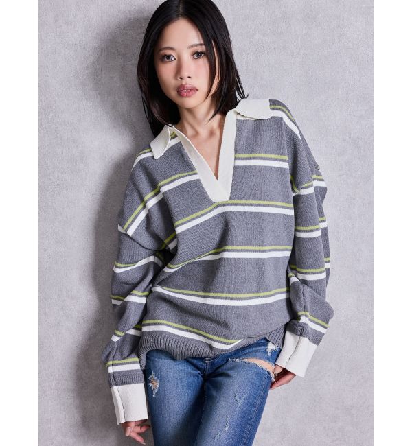 GYDA「スキッパーPOLOボーダーニットトップス」|ニット・セーター|